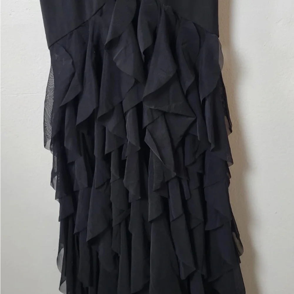 Fame and Partners Abby Gown Draped Tiered Black Spaghetti Strap Maxi Dress Lace - Picture 4 of 9